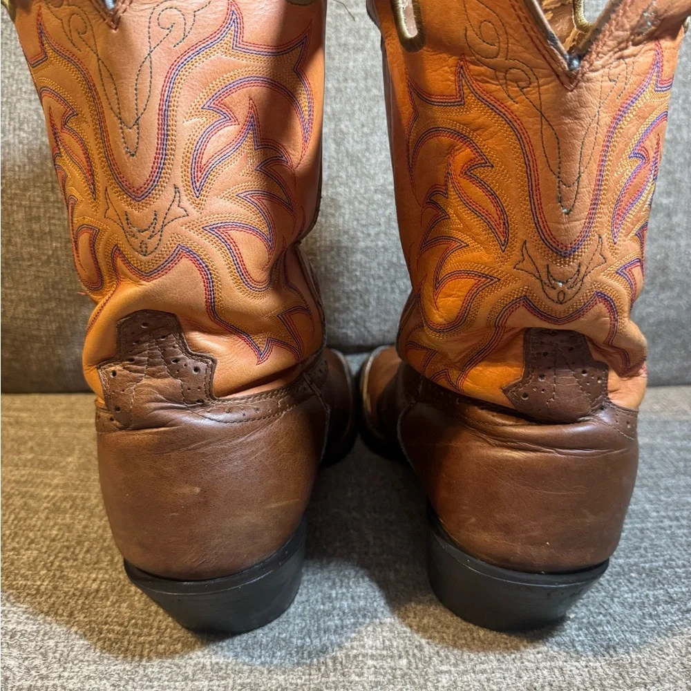 Justin Square Toe Men's Brown & Orange Western Cowboy Boots Size 12D - Picture 8 of 12